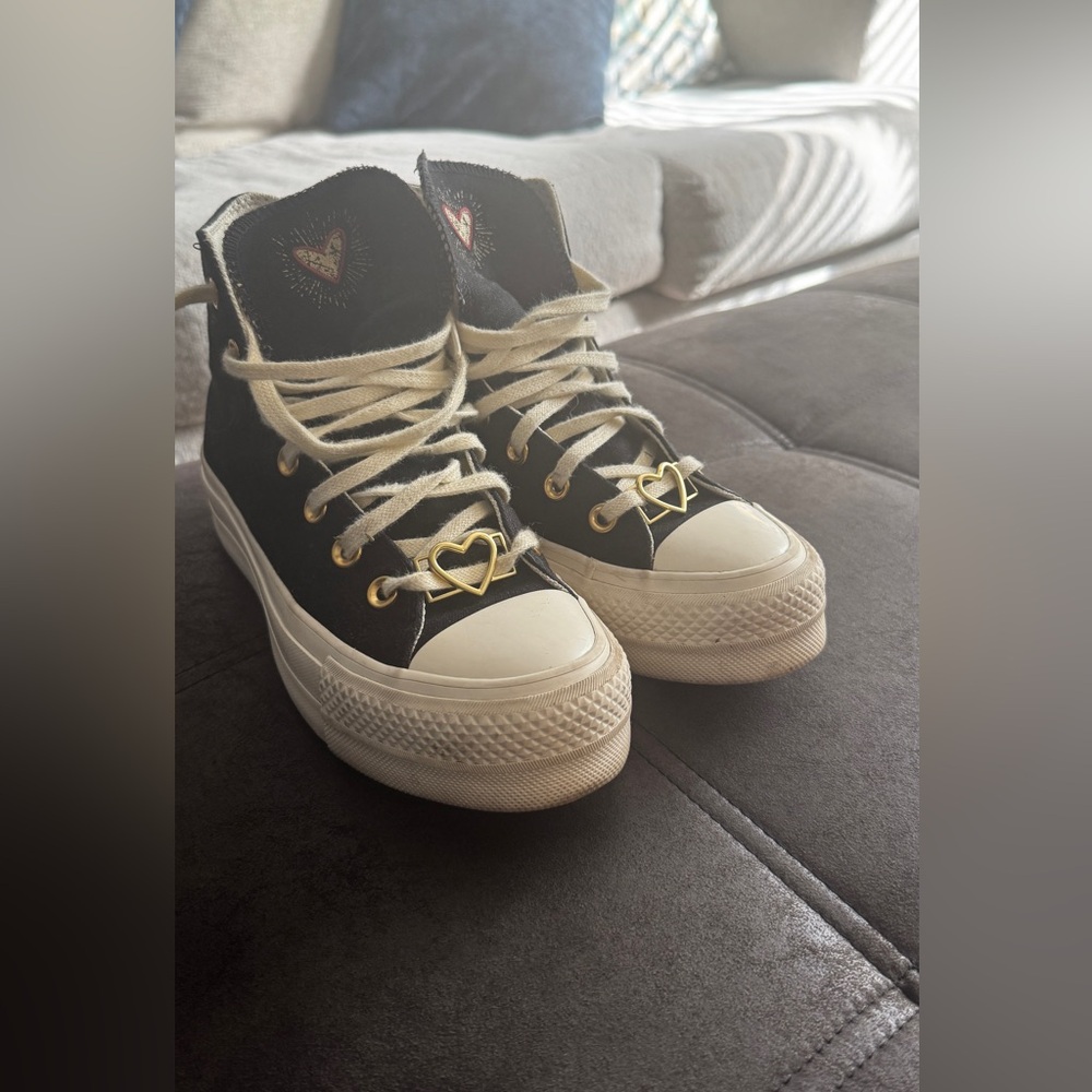 Chuck Taylor Converse Black and White Platform High-Tops with Heart Accents